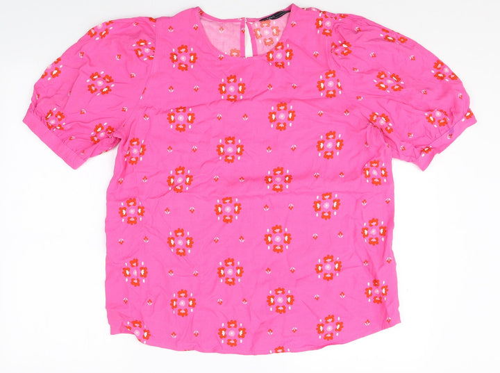 Marks and Spencer Womens Pink Geometric Viscose Basic Blouse Size 12 Round Neck