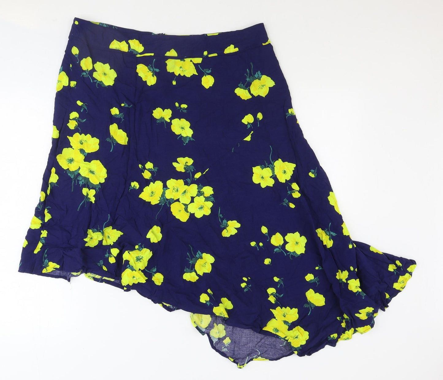Warehouse Womens Blue Floral Viscose A-Line Skirt Size 18 Zip - Asymmetric