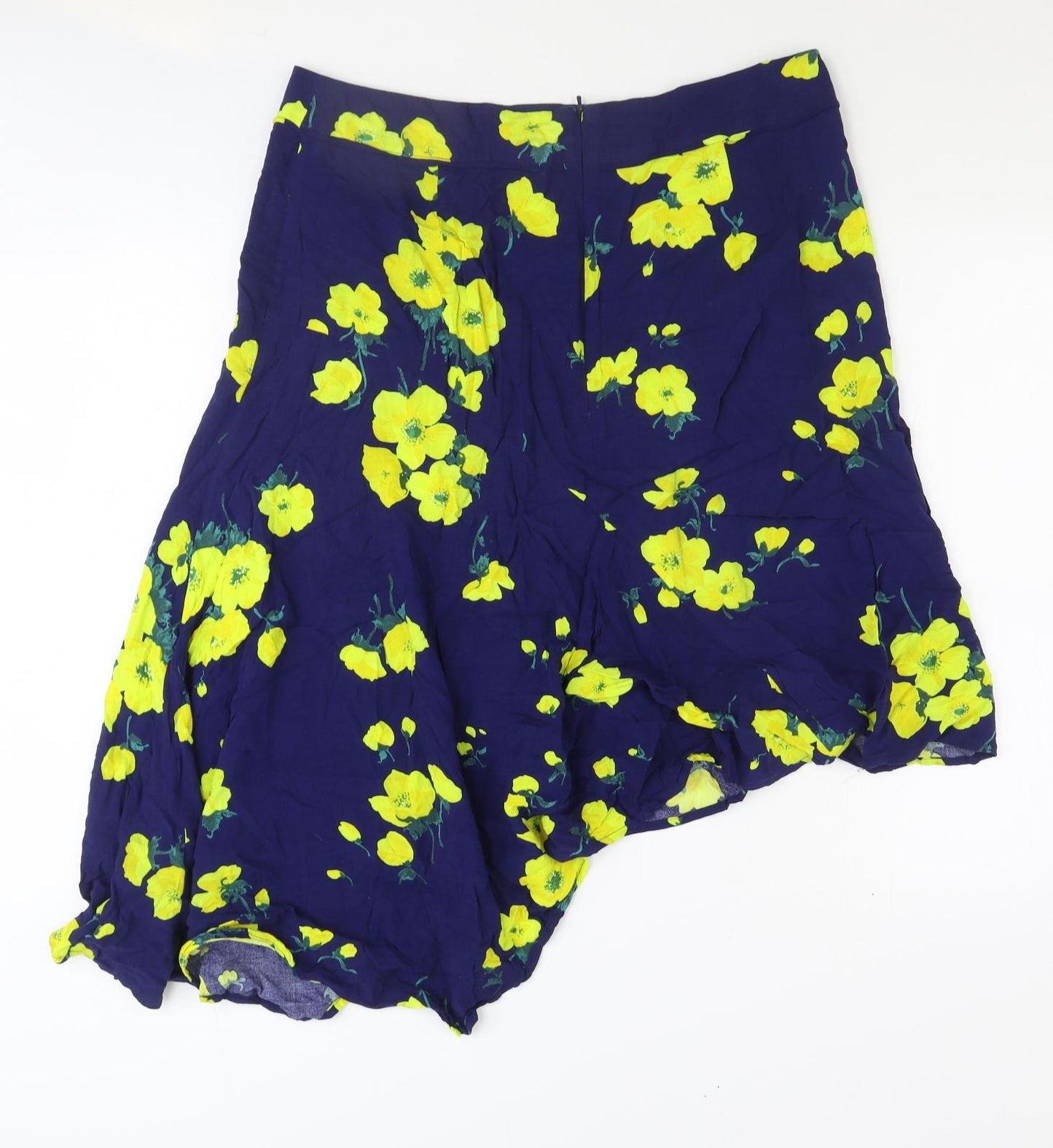 Warehouse Womens Blue Floral Viscose A-Line Skirt Size 18 Zip - Asymmetric