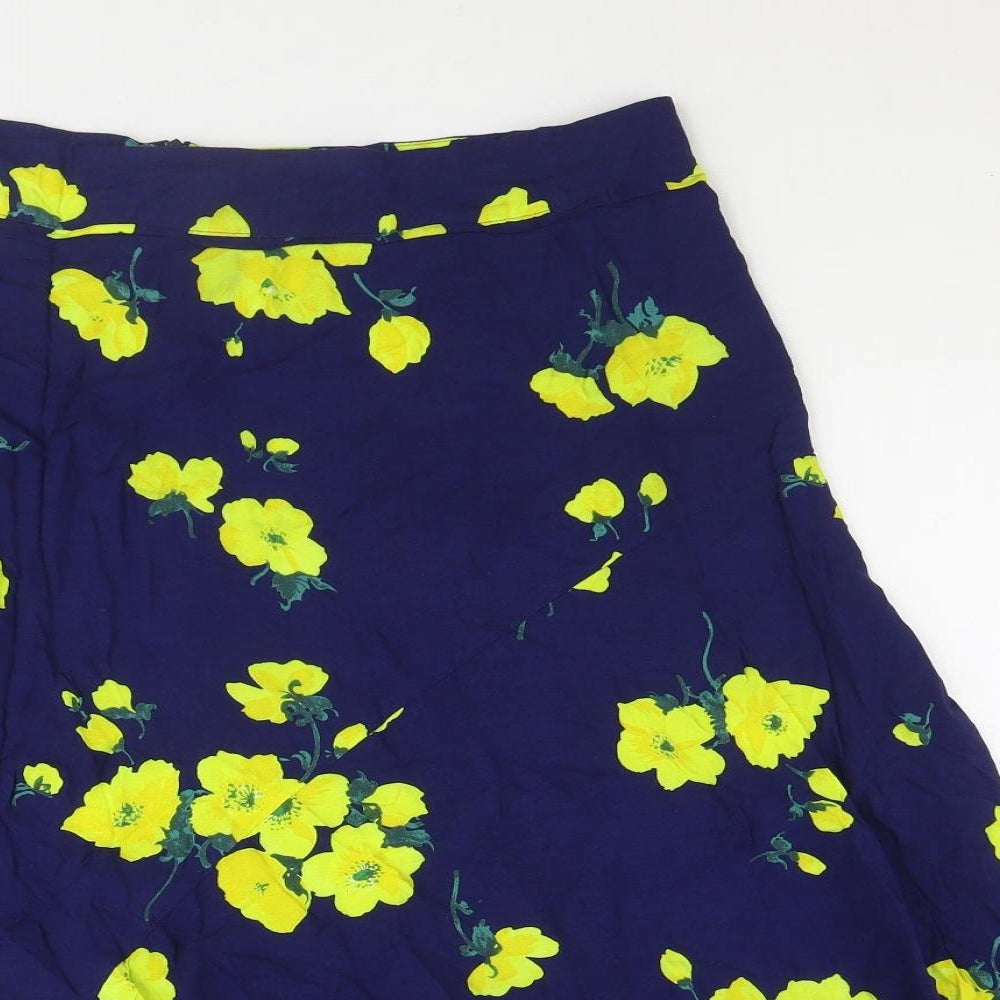 Warehouse Womens Blue Floral Viscose A-Line Skirt Size 18 Zip - Asymmetric