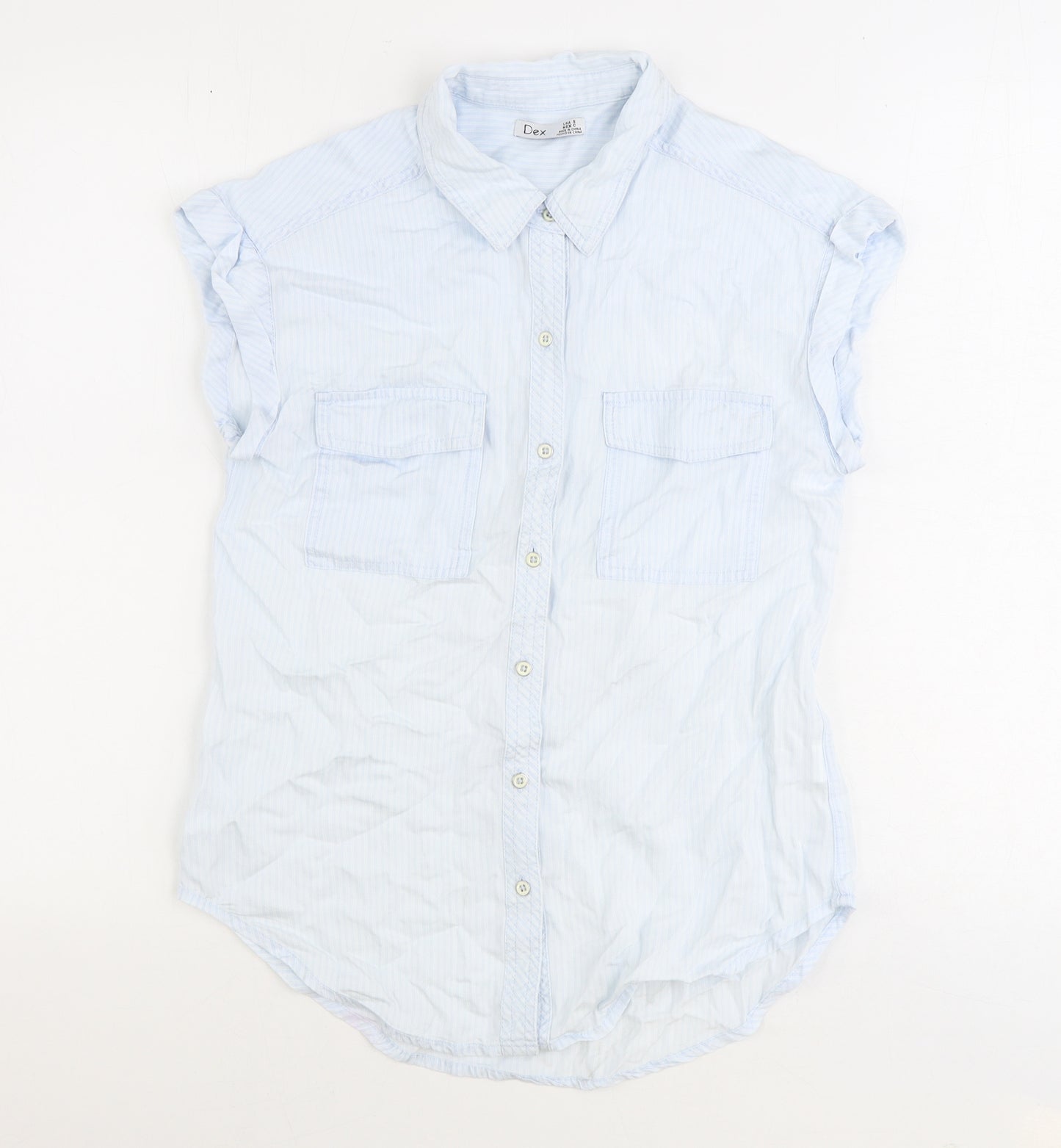 DEX Womens Blue Striped Polyester Basic Button-Up Size S Collared