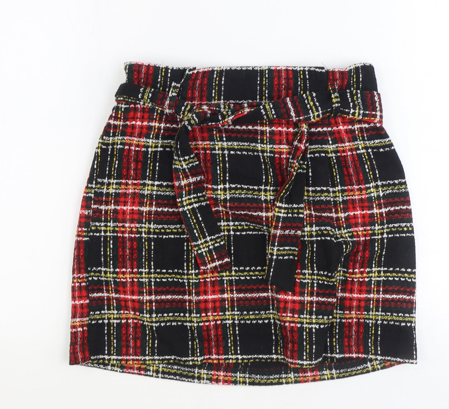 New Look Womens Red Plaid Acrylic Mini Skirt Size 10 Tie - Belted