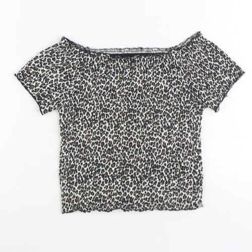 Primark Girls Brown Animal Print Polyester Basic Blouse Size 13 Years Off the Shoulder Pullover