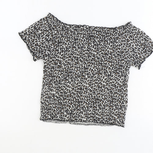 Primark Girls Brown Animal Print Polyester Basic Blouse Size 13 Years Off the Shoulder Pullover