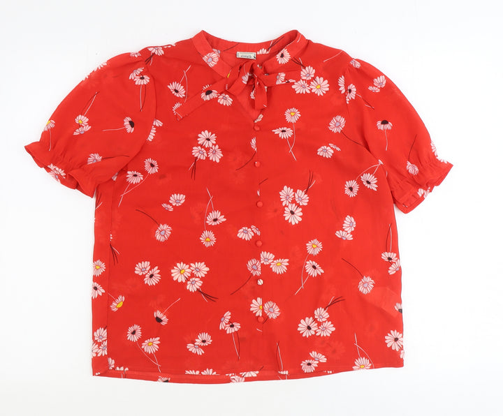Pimkie Womens Red Floral Polyester Basic Blouse Size 8 Round Neck