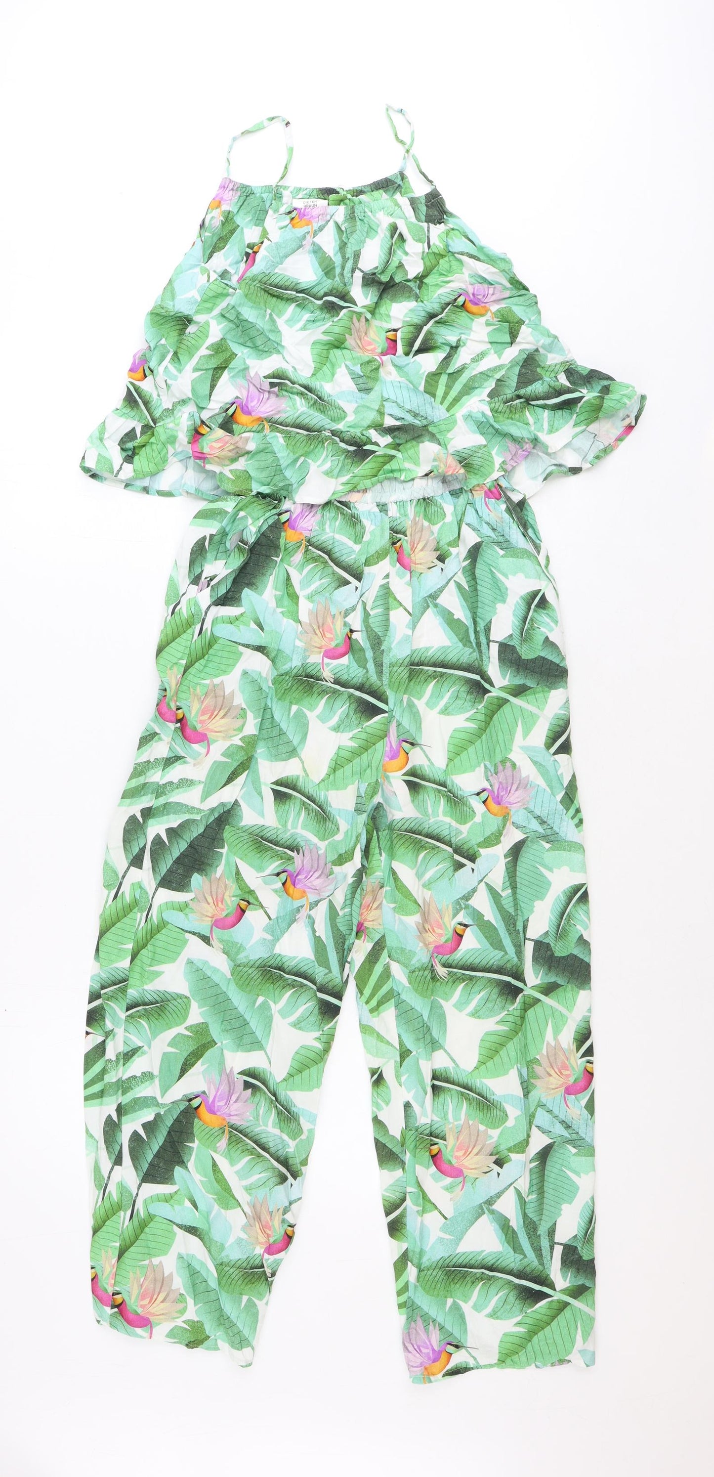 H&M Girls Green Geometric Viscose Jumpsuit One-Piece Size 13-14 Years Pullover - Leaf Print