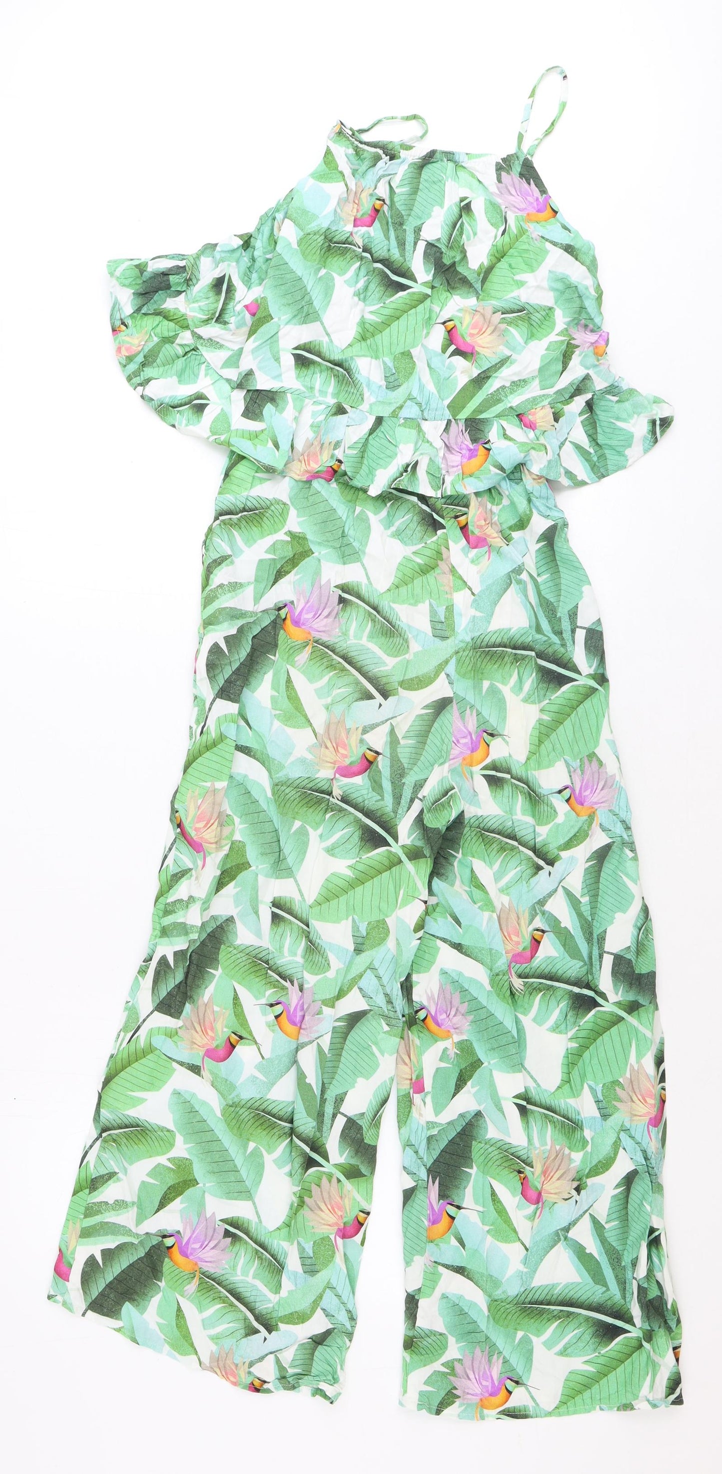 H&M Girls Green Geometric Viscose Jumpsuit One-Piece Size 13-14 Years Pullover - Leaf Print