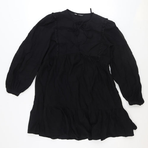 Zara Womens Black Viscose Fit & Flare Size S Round Neck Tie