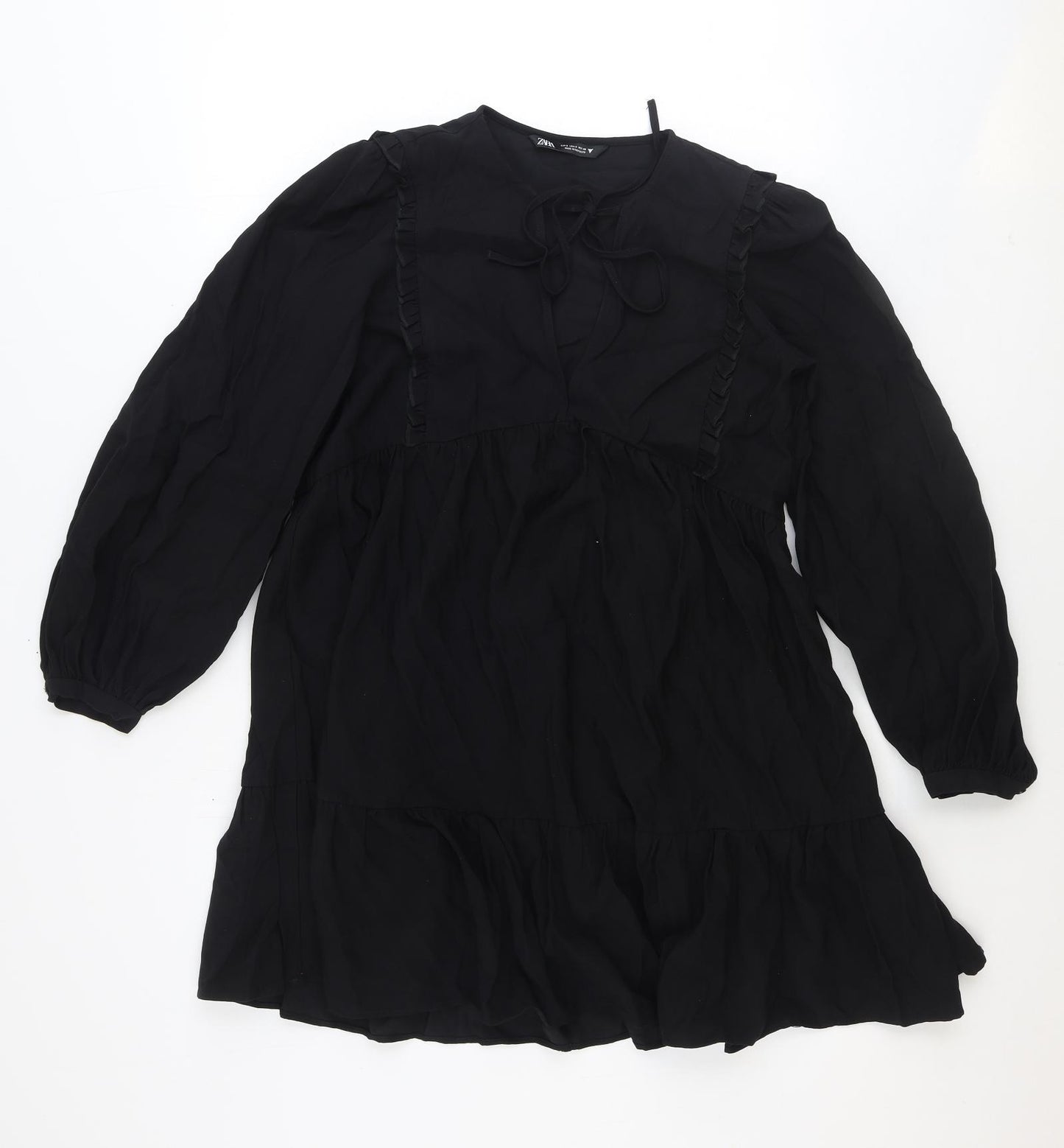 Zara Womens Black Viscose Fit & Flare Size S Round Neck Tie