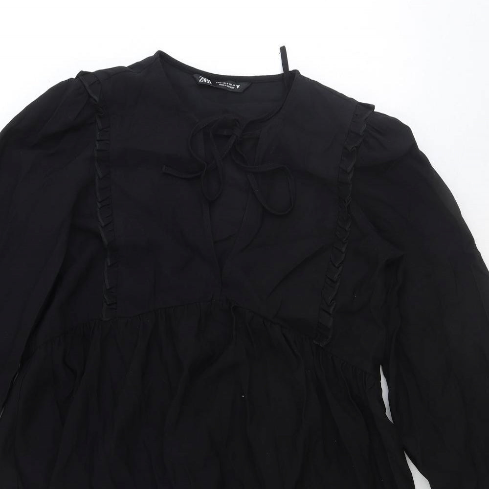 Zara Womens Black Viscose Fit & Flare Size S Round Neck Tie