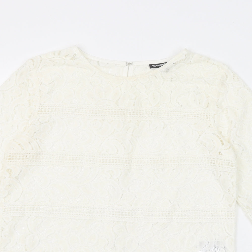Warehouse Womens White Polyamide Basic Blouse Size 8 Round Neck