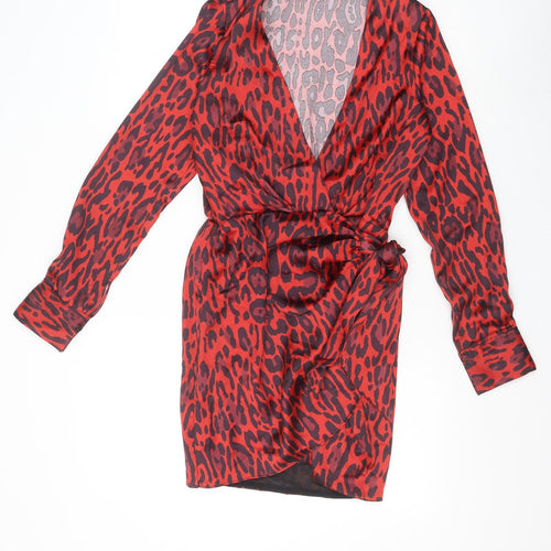 Zara Womens Red Animal Print Polyester Shift Size XS V-Neck Tie - Leopard Print