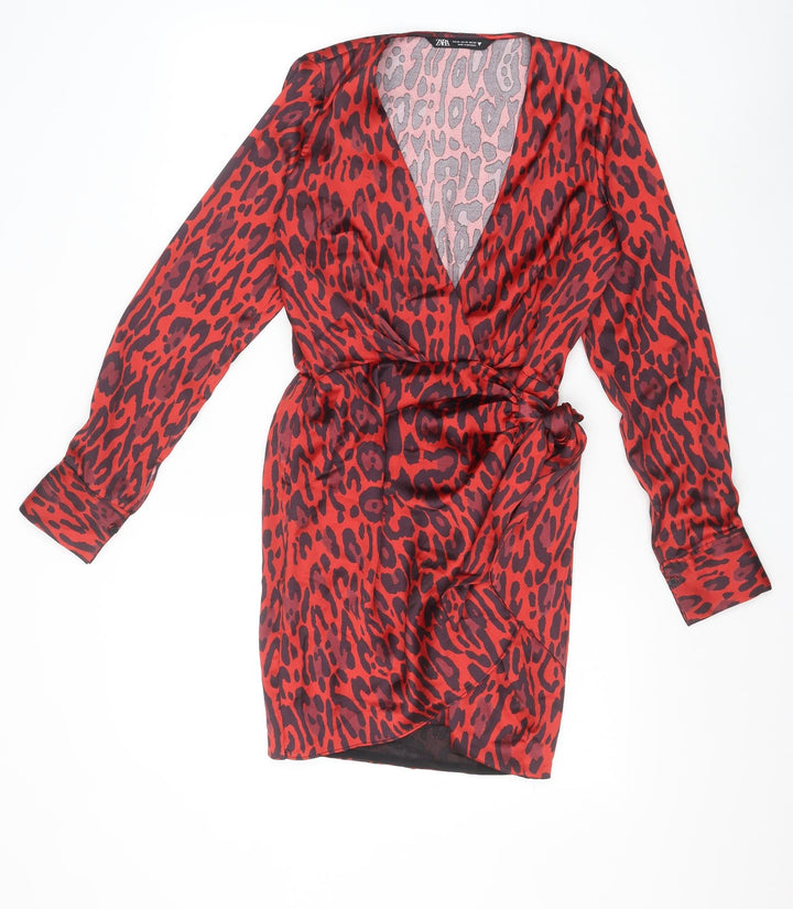 Zara Womens Red Animal Print Polyester Shift Size XS V-Neck Tie - Leopard Print