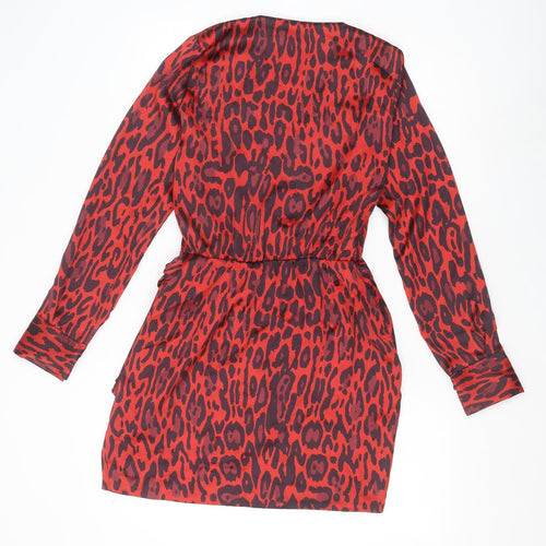 Zara Womens Red Animal Print Polyester Shift Size XS V-Neck Tie - Leopard Print