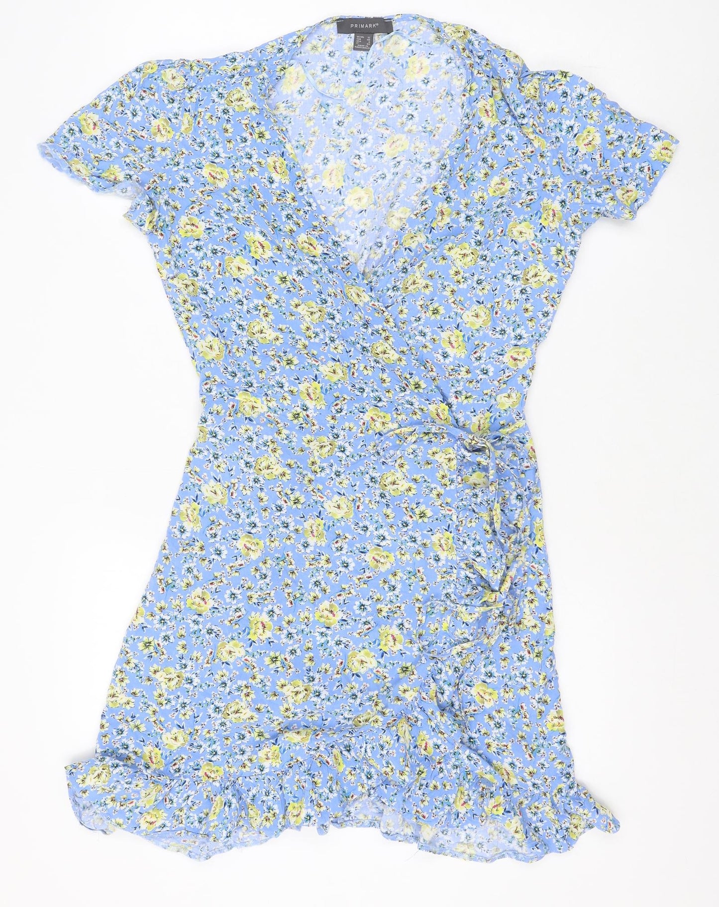 Primark Womens Blue Floral Viscose Wrap Dress Size 12 V-Neck Tie