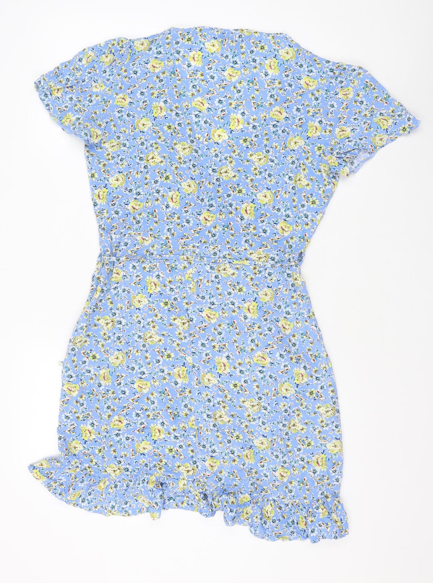 Primark Womens Blue Floral Viscose Wrap Dress Size 12 V-Neck Tie