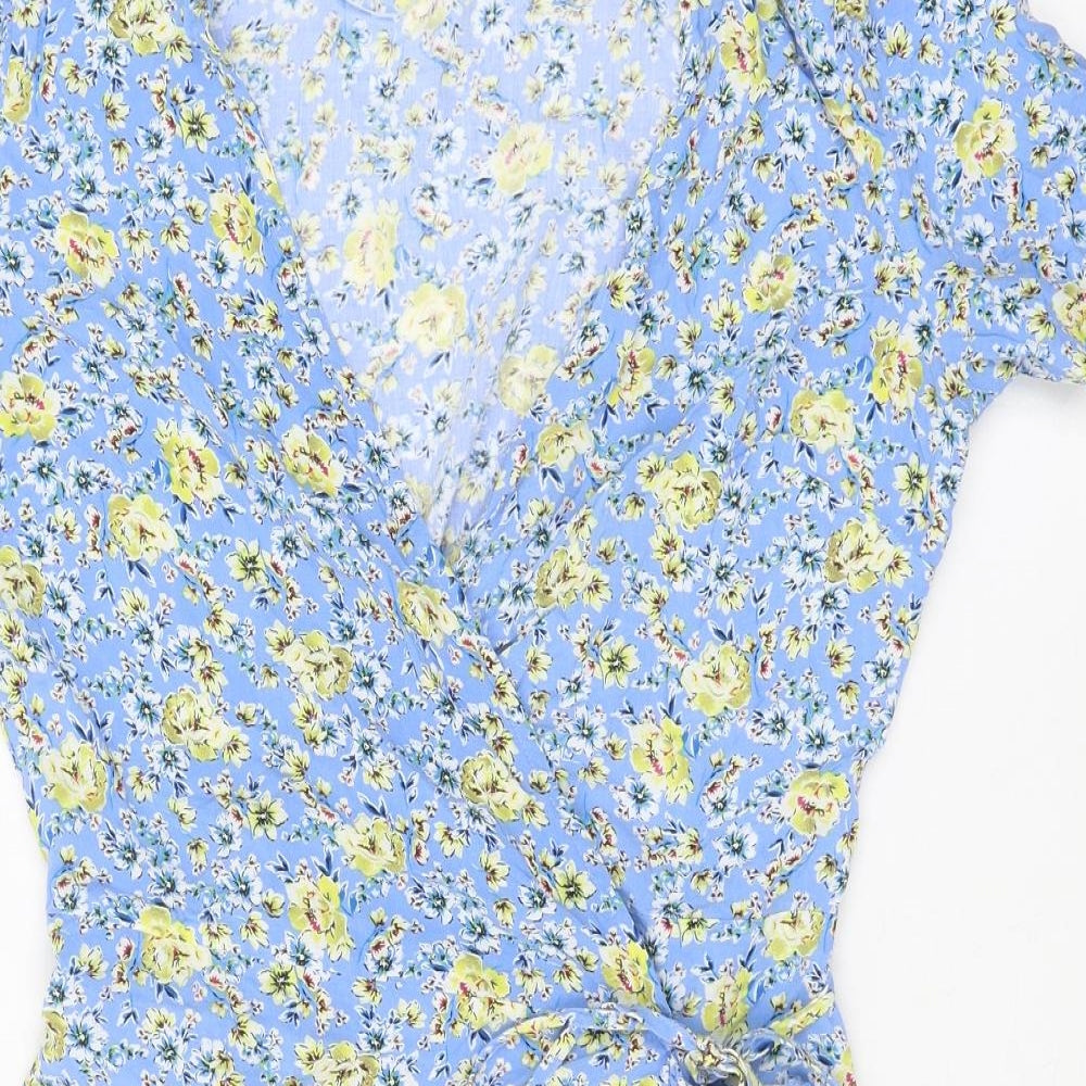 Primark Womens Blue Floral Viscose Wrap Dress Size 12 V-Neck Tie