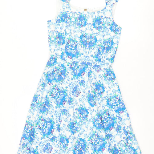 Louche Womens Blue Geometric Cotton Fit & Flare Size 8 Halter Zip