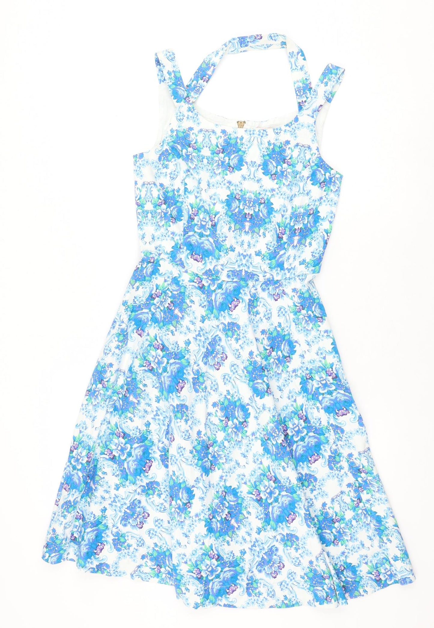 Louche Womens Blue Geometric Cotton Fit & Flare Size 8 Halter Zip