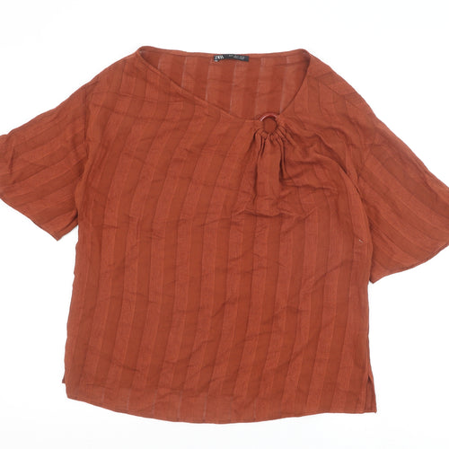 Zara Womens Brown Polyester Basic T-Shirt Size S Round Neck