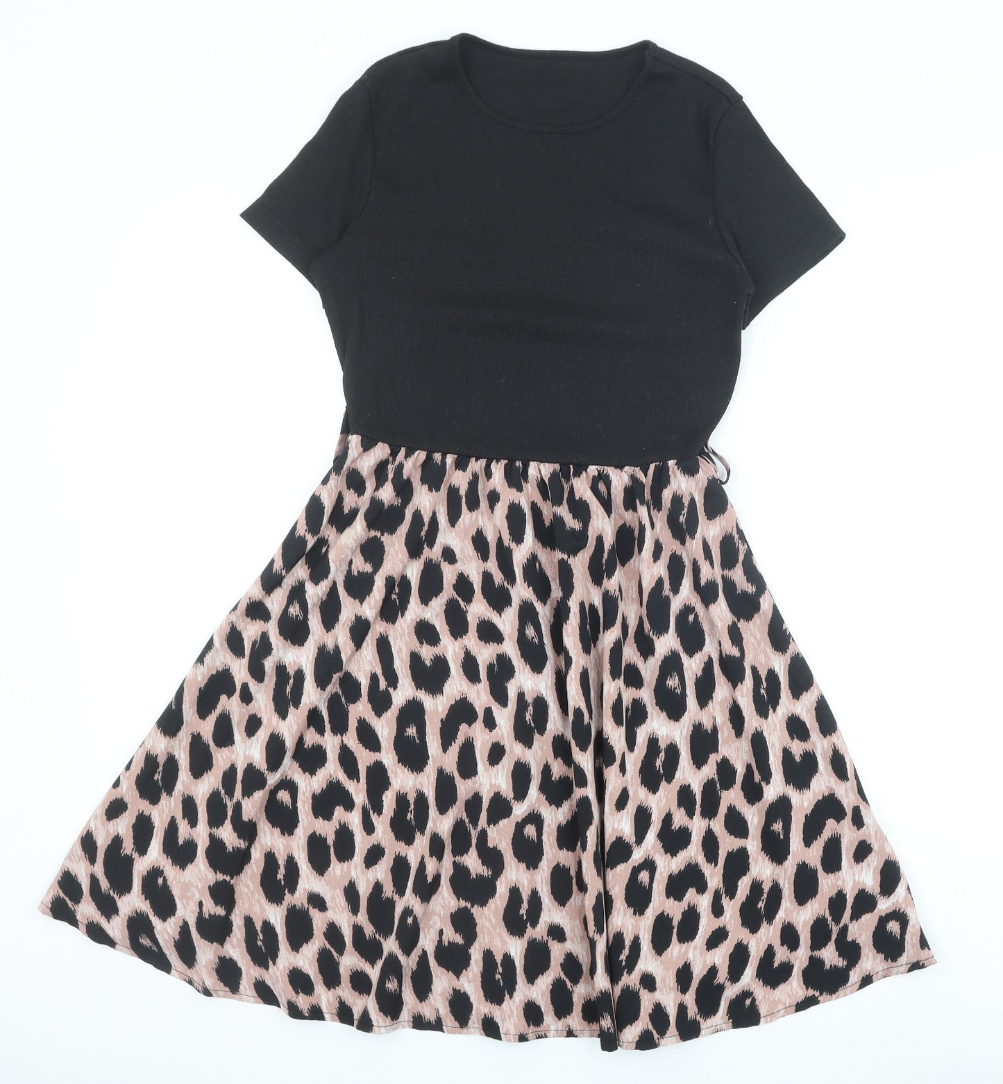 SheIn Womens Black Animal Print Polyester Skater Dress Size S Round Neck Pullover - Leopard Pattern