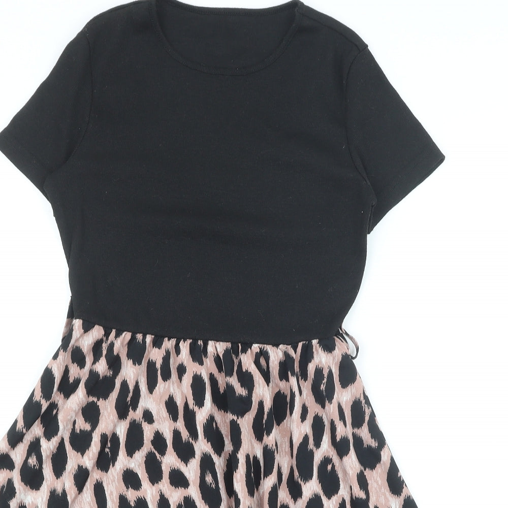 SheIn Womens Black Animal Print Polyester Skater Dress Size S Round Neck Pullover - Leopard Pattern