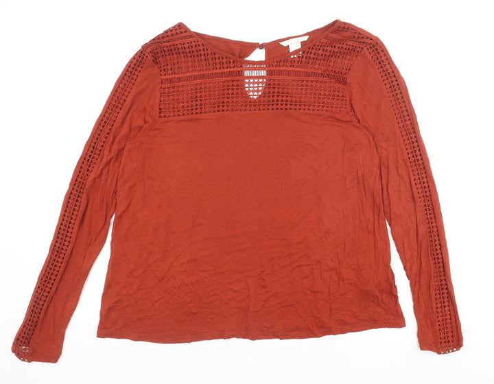 H&M Womens Brown Viscose Basic Blouse Size L Round Neck - Lace Detail