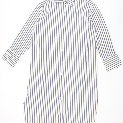 H&M Womens Grey Striped Polyester Shirt Dress Size S Collared Button