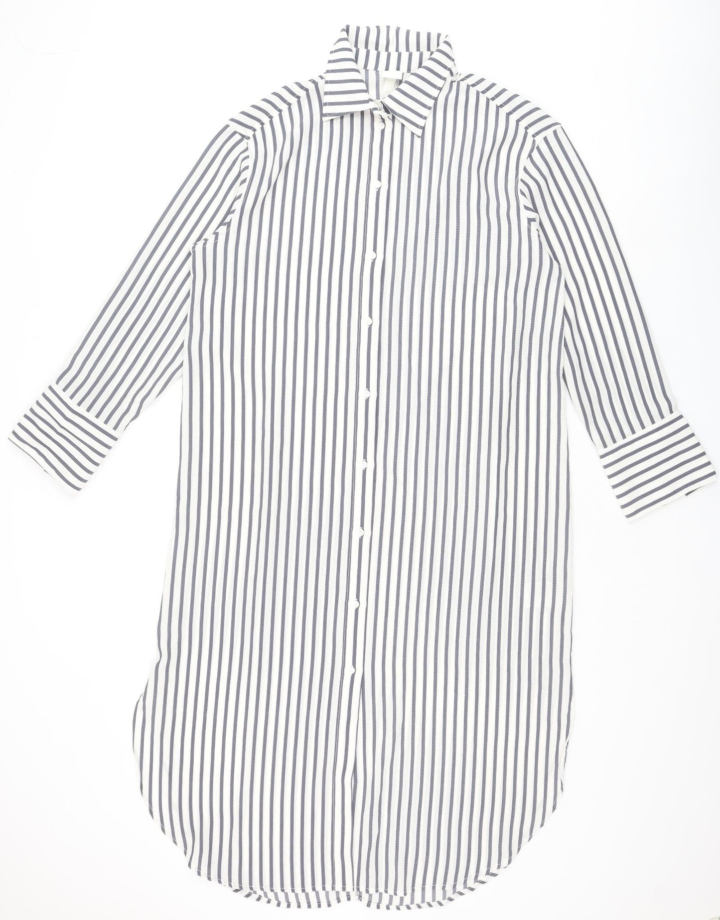 H&M Womens Grey Striped Polyester Shirt Dress Size S Collared Button