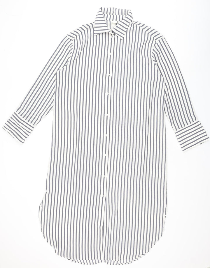 H&M Womens Grey Striped Polyester Shirt Dress Size S Collared Button
