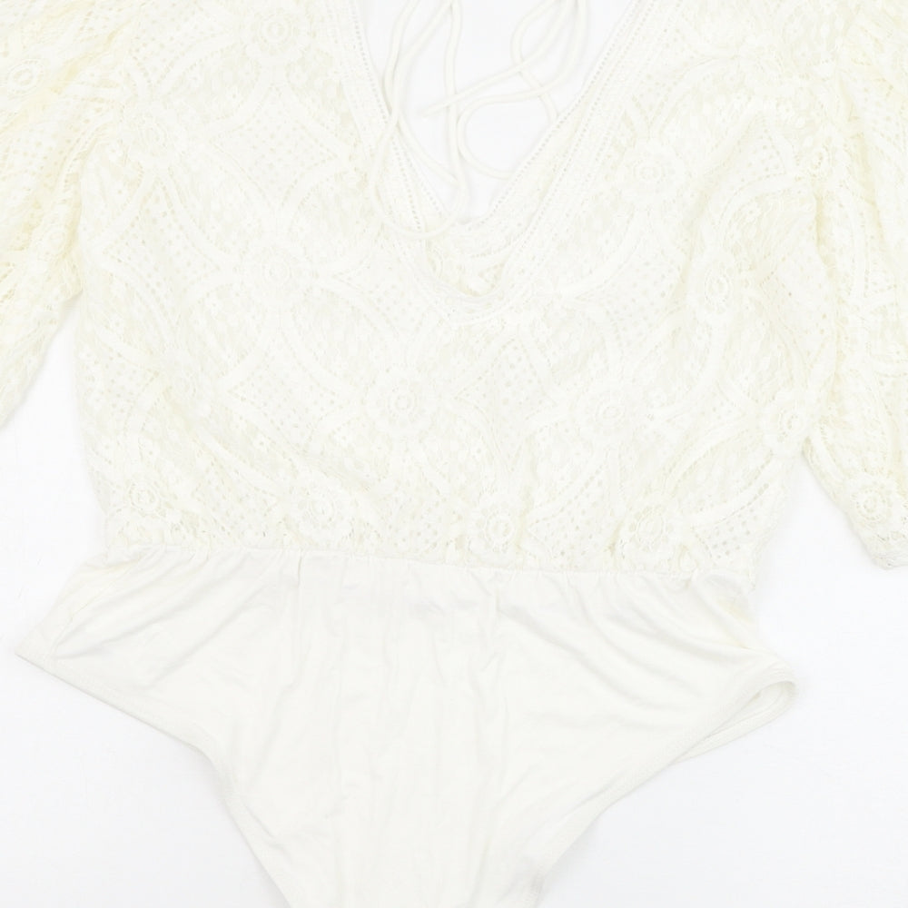 SheIn Womens White Cotton Bodysuit One-Piece Size L Snap