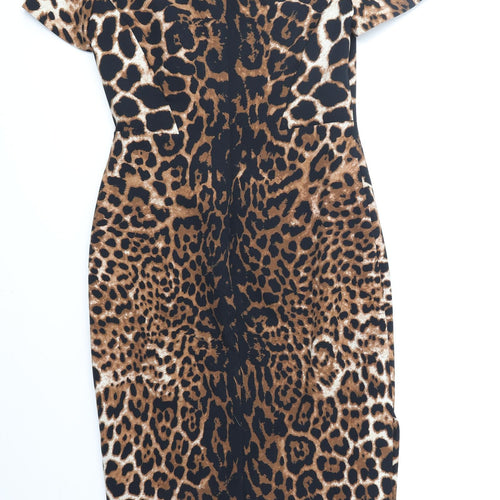 Per Una Womens Brown Animal Print Polyester Bodycon Size 10 V-Neck Zip - Leopard Print