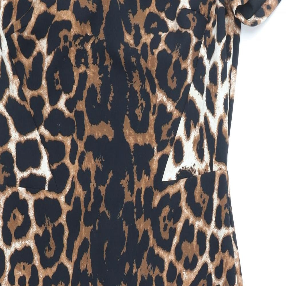 Per Una Womens Brown Animal Print Polyester Bodycon Size 10 V-Neck Zip - Leopard Print
