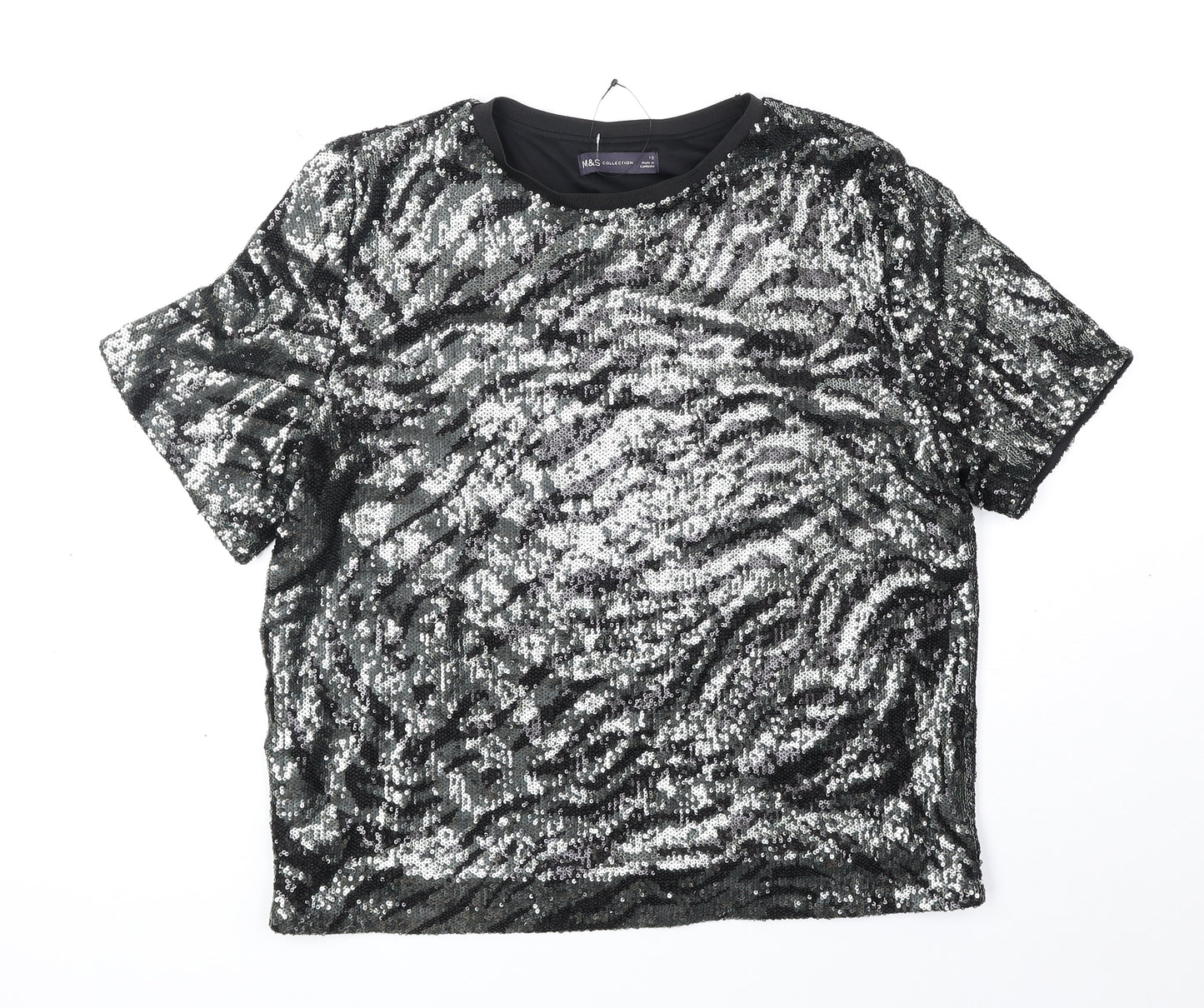 Marks and Spencer Womens Black Animal Print Polyamide Basic T-Shirt Size 12 Round Neck - Tiger Print