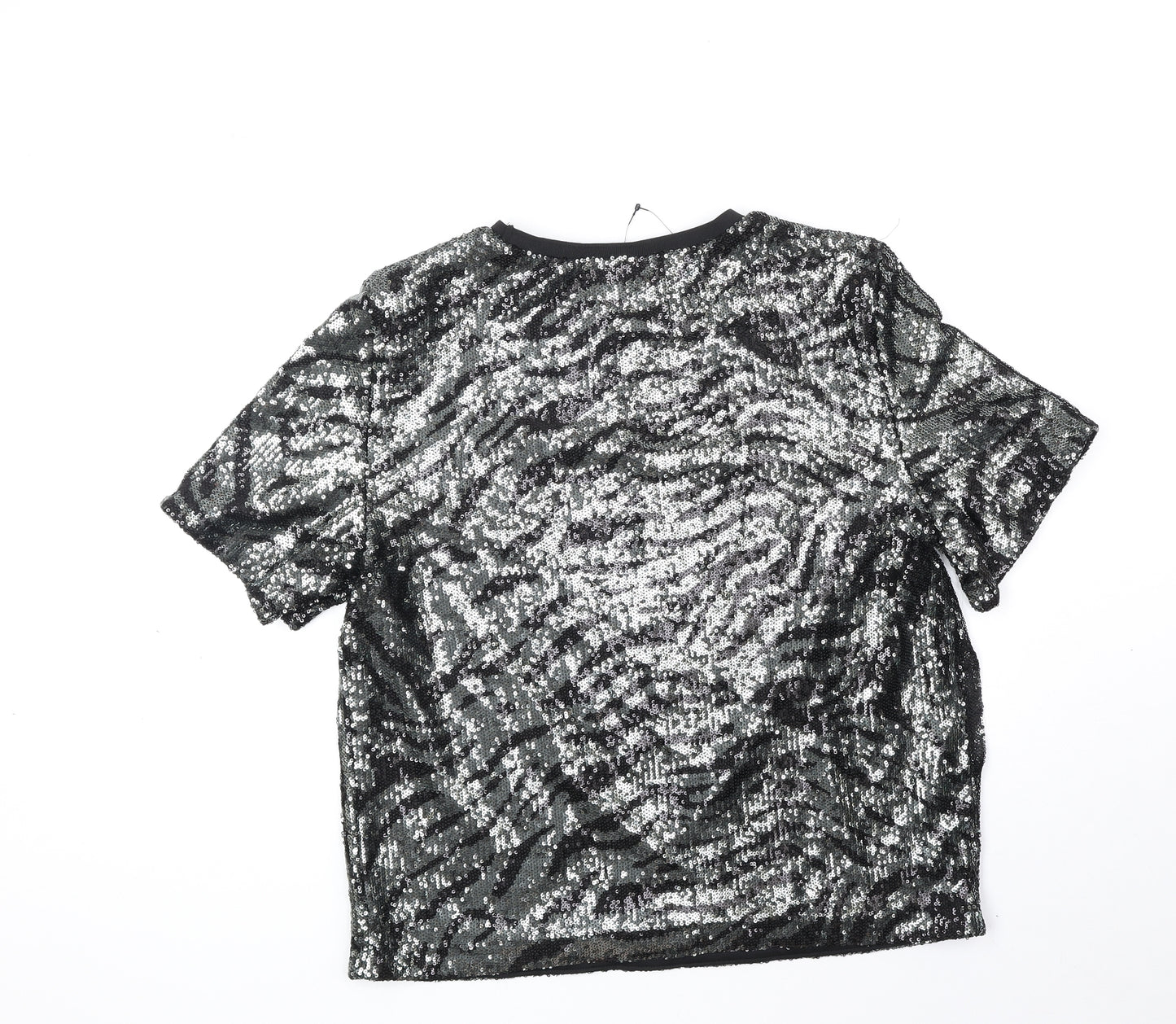 Marks and Spencer Womens Black Animal Print Polyamide Basic T-Shirt Size 12 Round Neck - Tiger Print