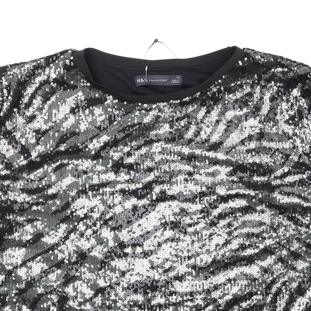 Marks and Spencer Womens Black Animal Print Polyamide Basic T-Shirt Size 12 Round Neck - Tiger Print