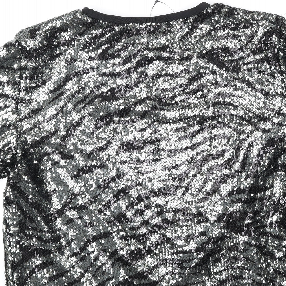 Marks and Spencer Womens Black Animal Print Polyamide Basic T-Shirt Size 12 Round Neck - Tiger Print