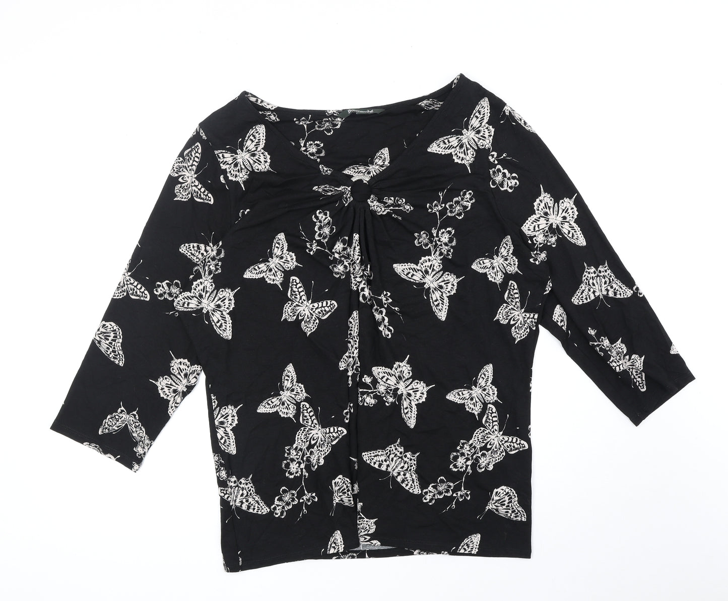 Bonmarché Womens Black Geometric Viscose Basic Blouse Size 2XL V-Neck - Butterfly Pattern