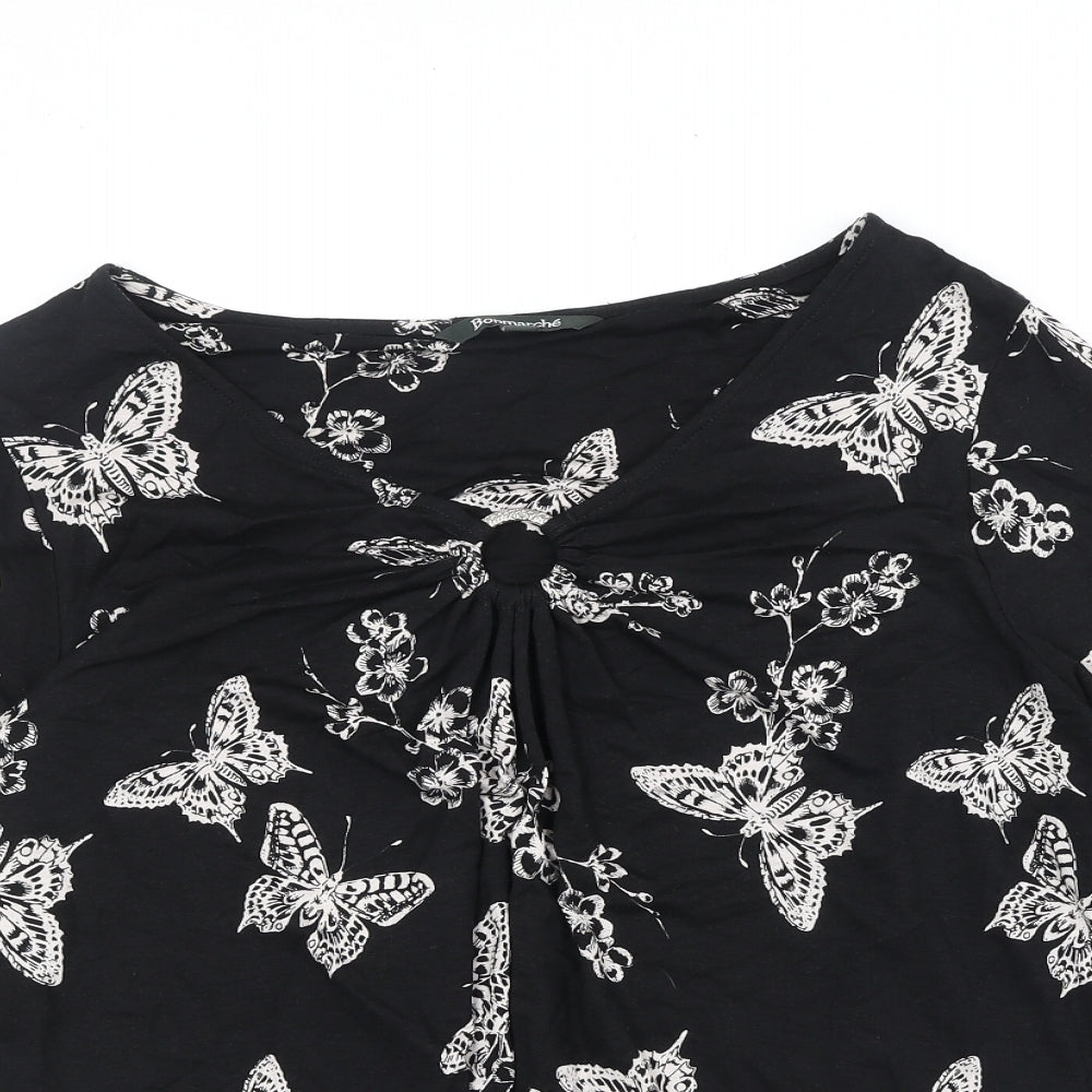 Bonmarché Womens Black Geometric Viscose Basic Blouse Size 2XL V-Neck - Butterfly Pattern