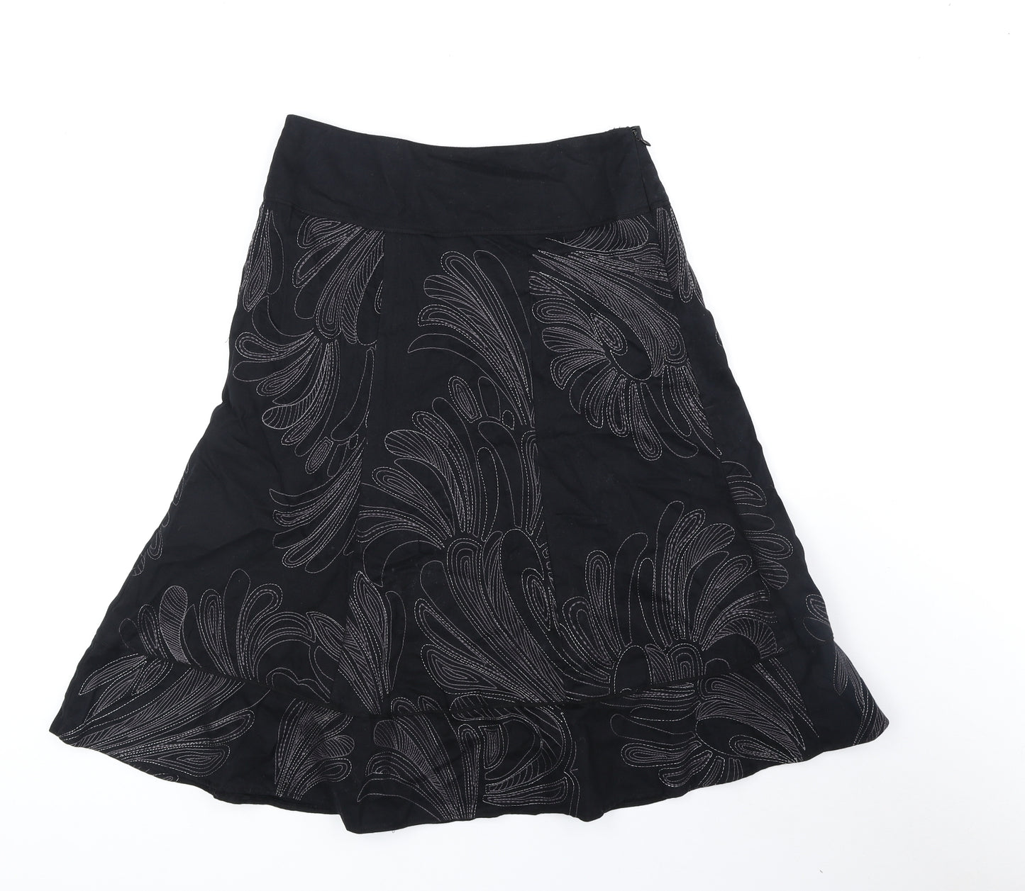 Monsoon Womens Black Floral Cotton Swing Skirt Size 8 Zip