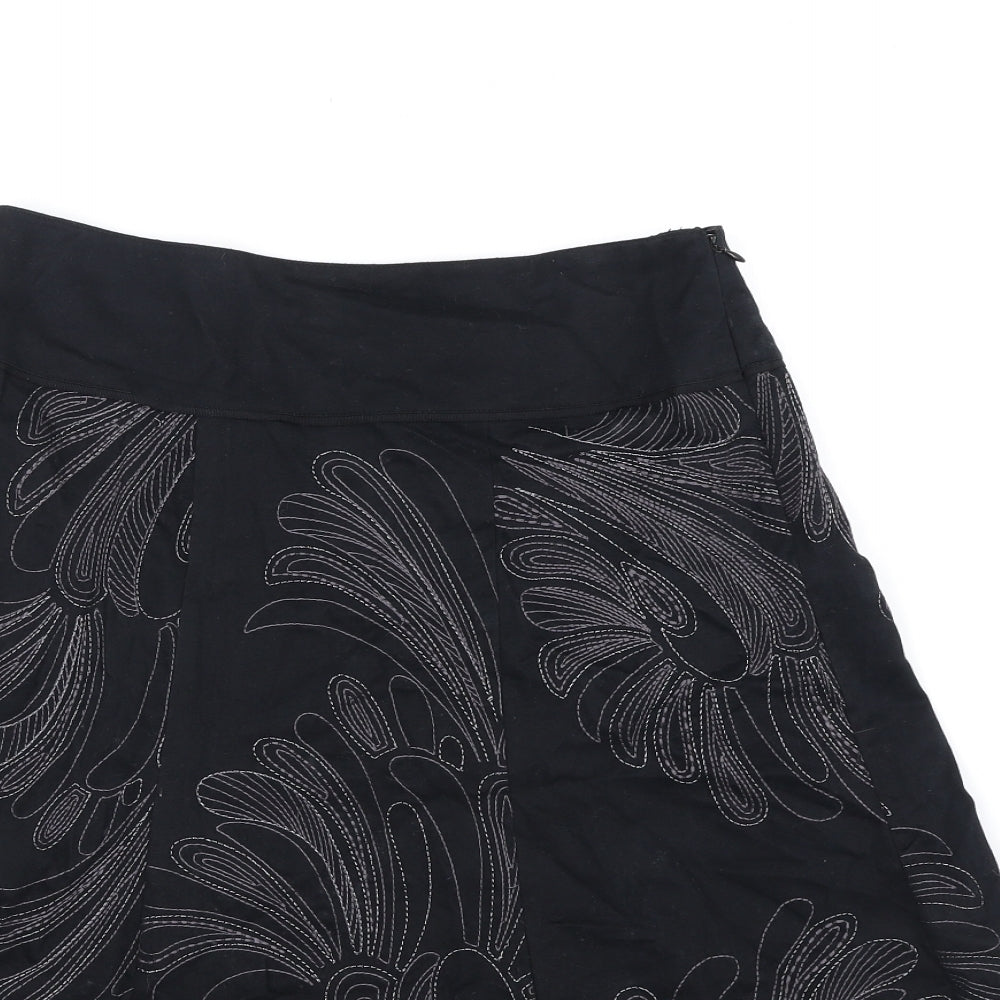 Monsoon Womens Black Floral Cotton Swing Skirt Size 8 Zip