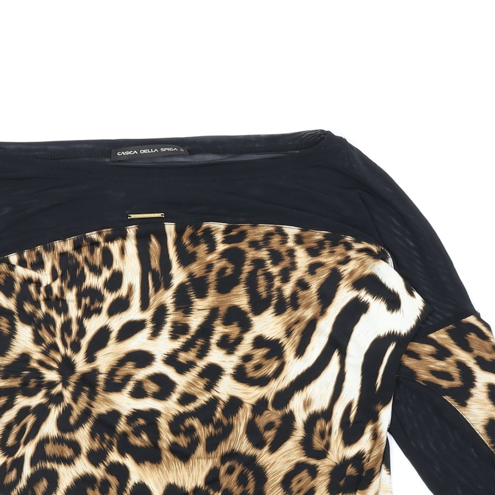 Casca Della Spiga Womens Brown Animal Print Polyester Basic Blouse Size S Boat Neck - Leopard print