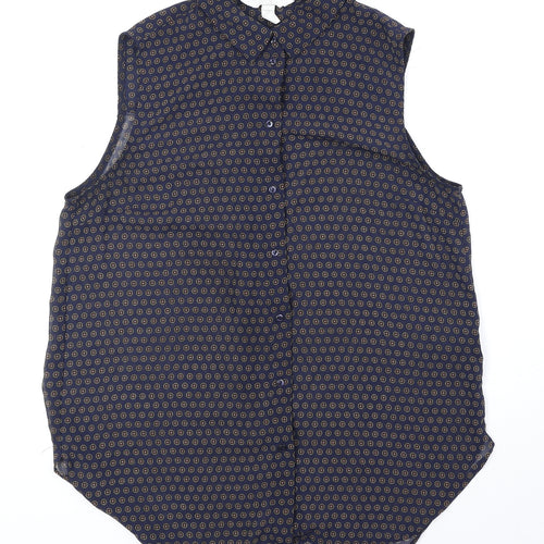 H&M Womens Blue Geometric Polyester Basic Button-Up Size 8 Collared