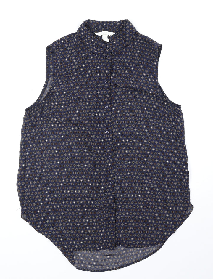 H&M Womens Blue Geometric Polyester Basic Button-Up Size 8 Collared