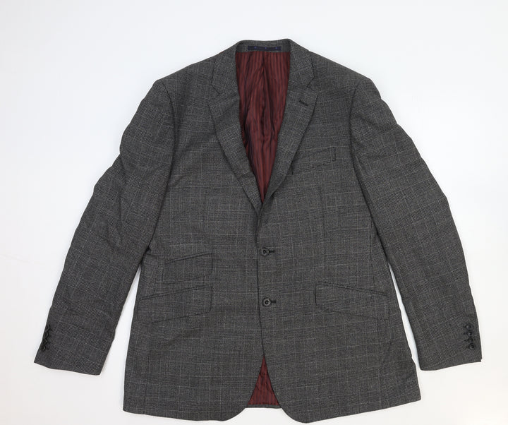 Marks and Spencer Mens Grey Plaid Wool Jacket Blazer Size L Regular