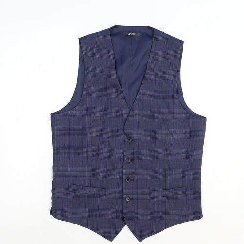 Marks and Spencer Mens Blue Plaid Polyester Jacket Suit Waistcoat Size S Regular