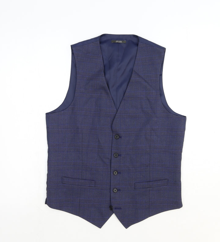 Marks and Spencer Mens Blue Plaid Polyester Jacket Suit Waistcoat Size S Regular