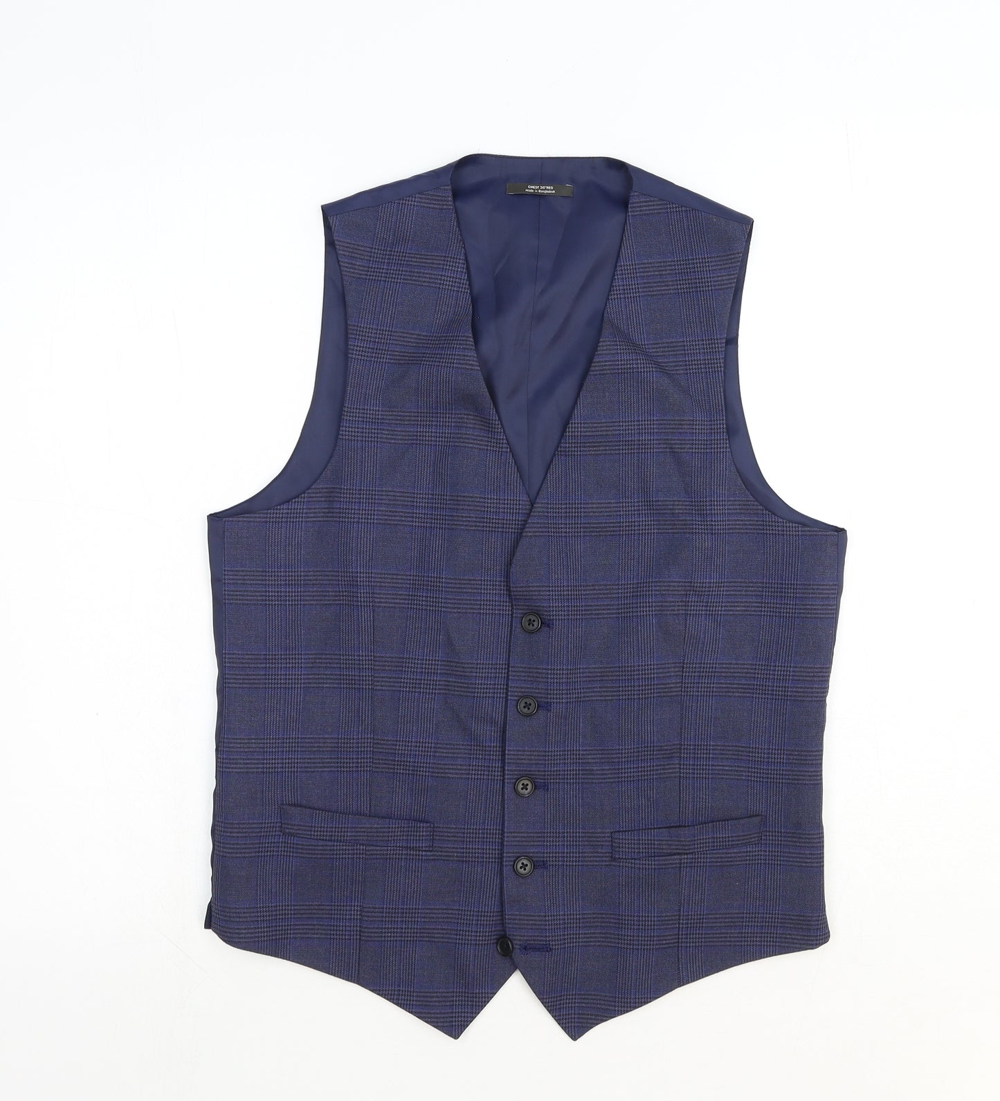 Marks and Spencer Mens Blue Plaid Polyester Jacket Suit Waistcoat Size S Regular