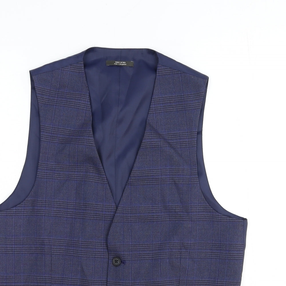 Marks and Spencer Mens Blue Plaid Polyester Jacket Suit Waistcoat Size S Regular