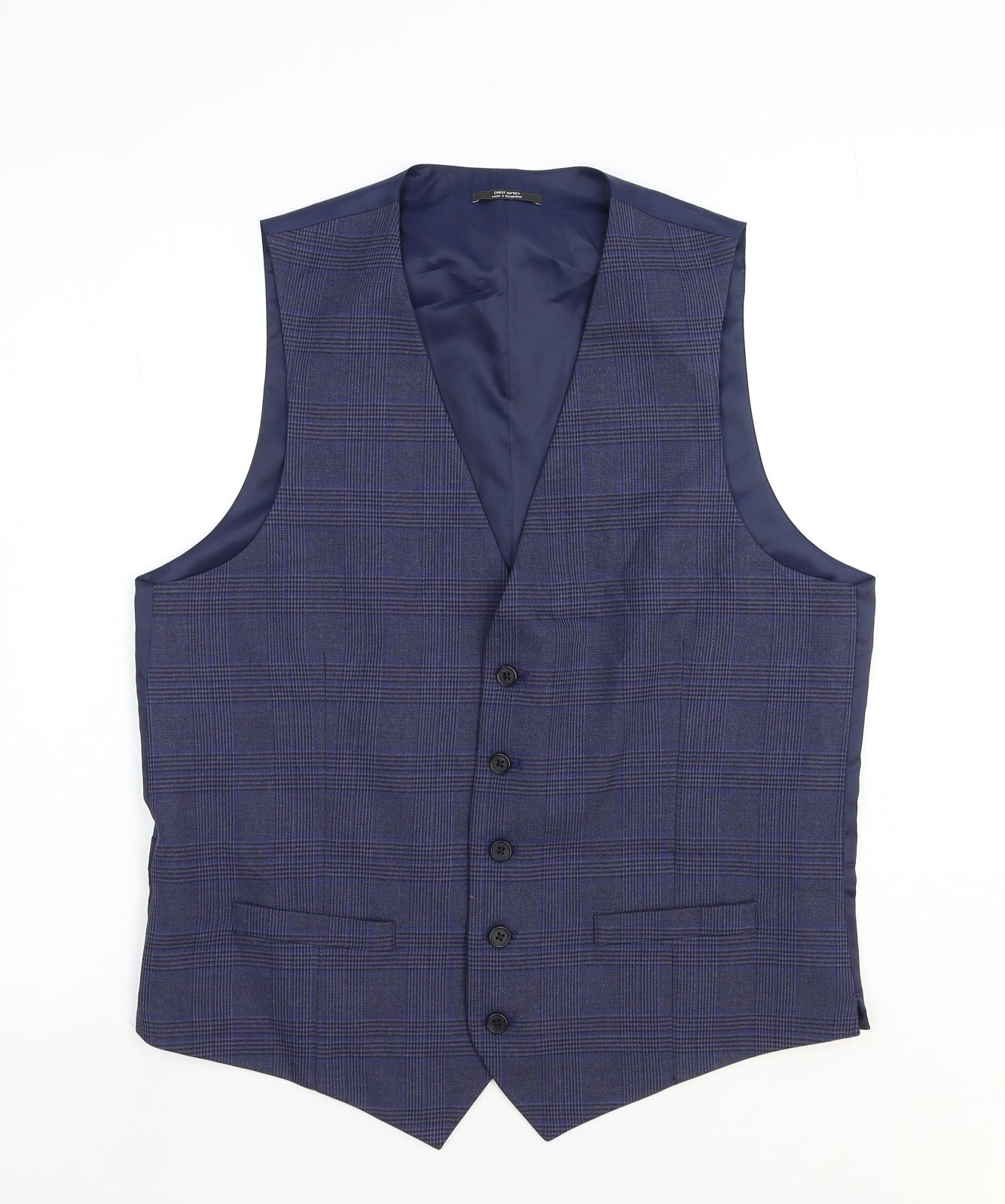 Marks and Spencer Mens Blue Plaid Polyester Jacket Suit Waistcoat Size L Regular